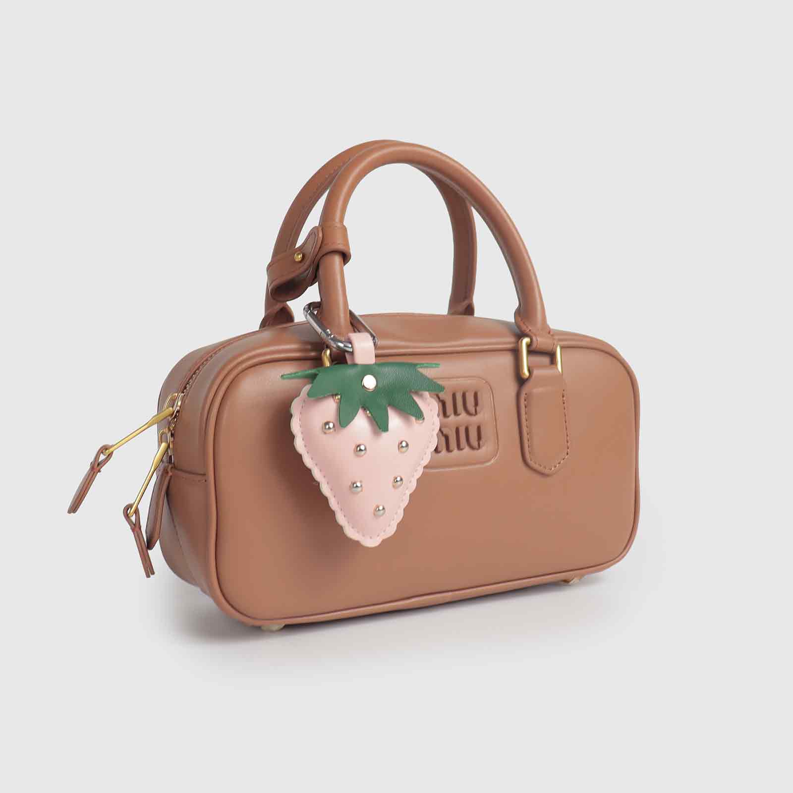 Rivets/Green Leaves Multi-Color Strawberry Leather Bag Charm