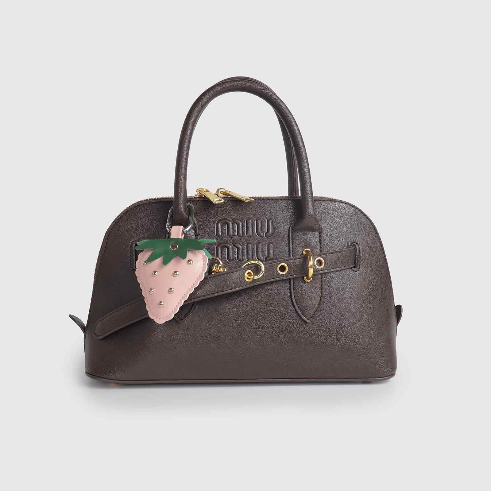 Rivets/Green Leaves Multi-Color Strawberry Leather Bag Charm