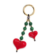 Green Beaded Charm with Dual Red Hearts & Gold Ring — Chic Versatile Accessory