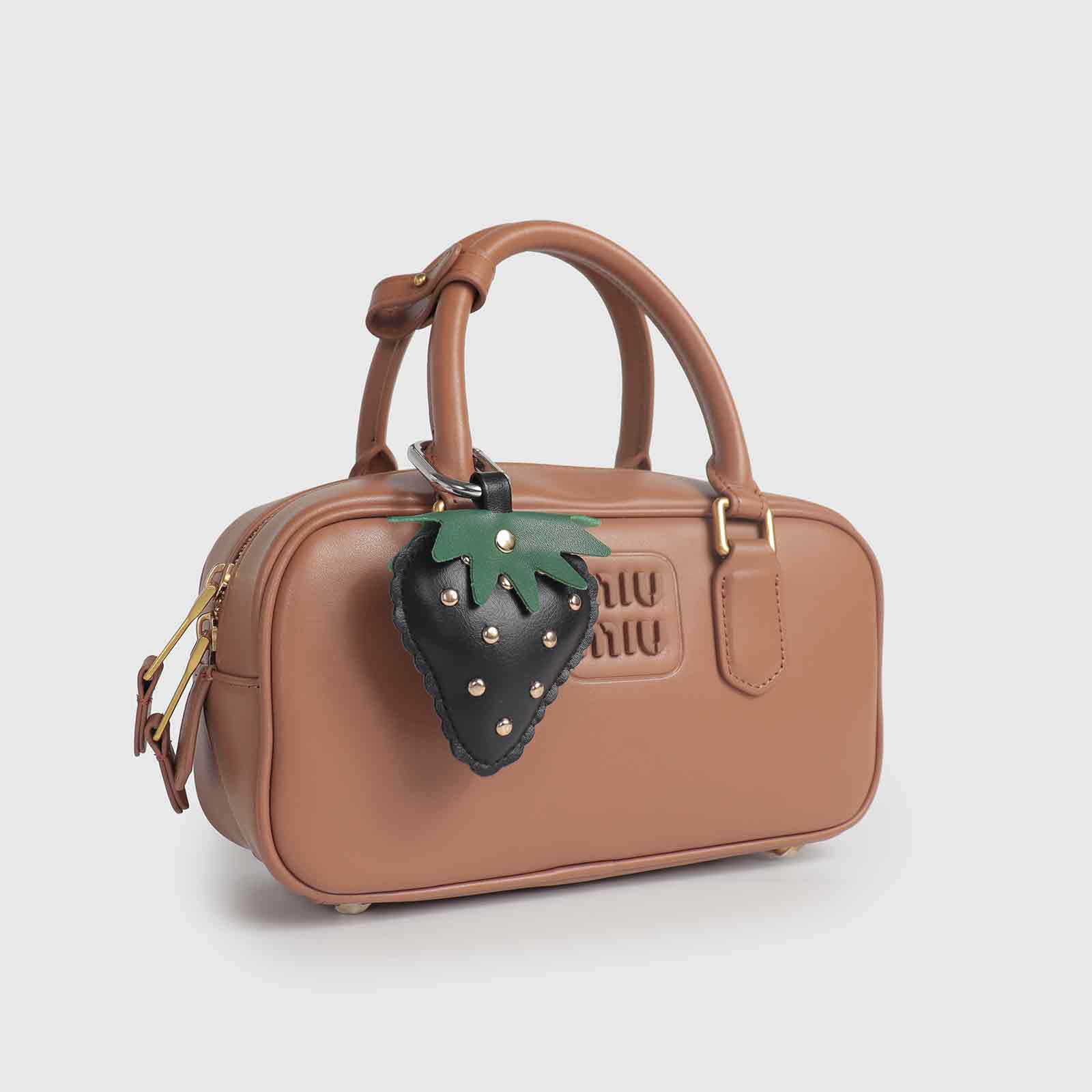 Rivets/Green Leaves Multi-Color Strawberry Leather Bag Charm