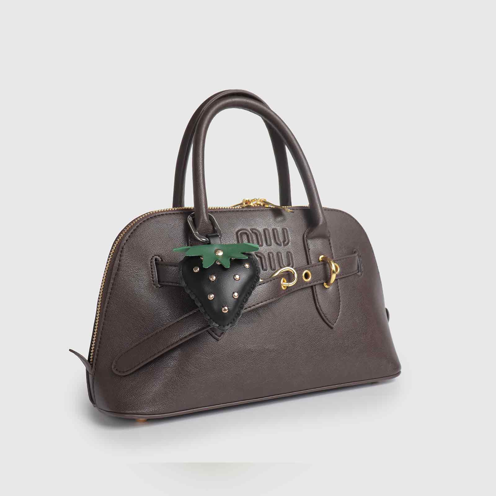 Rivets/Green Leaves Multi-Color Strawberry Leather Bag Charm