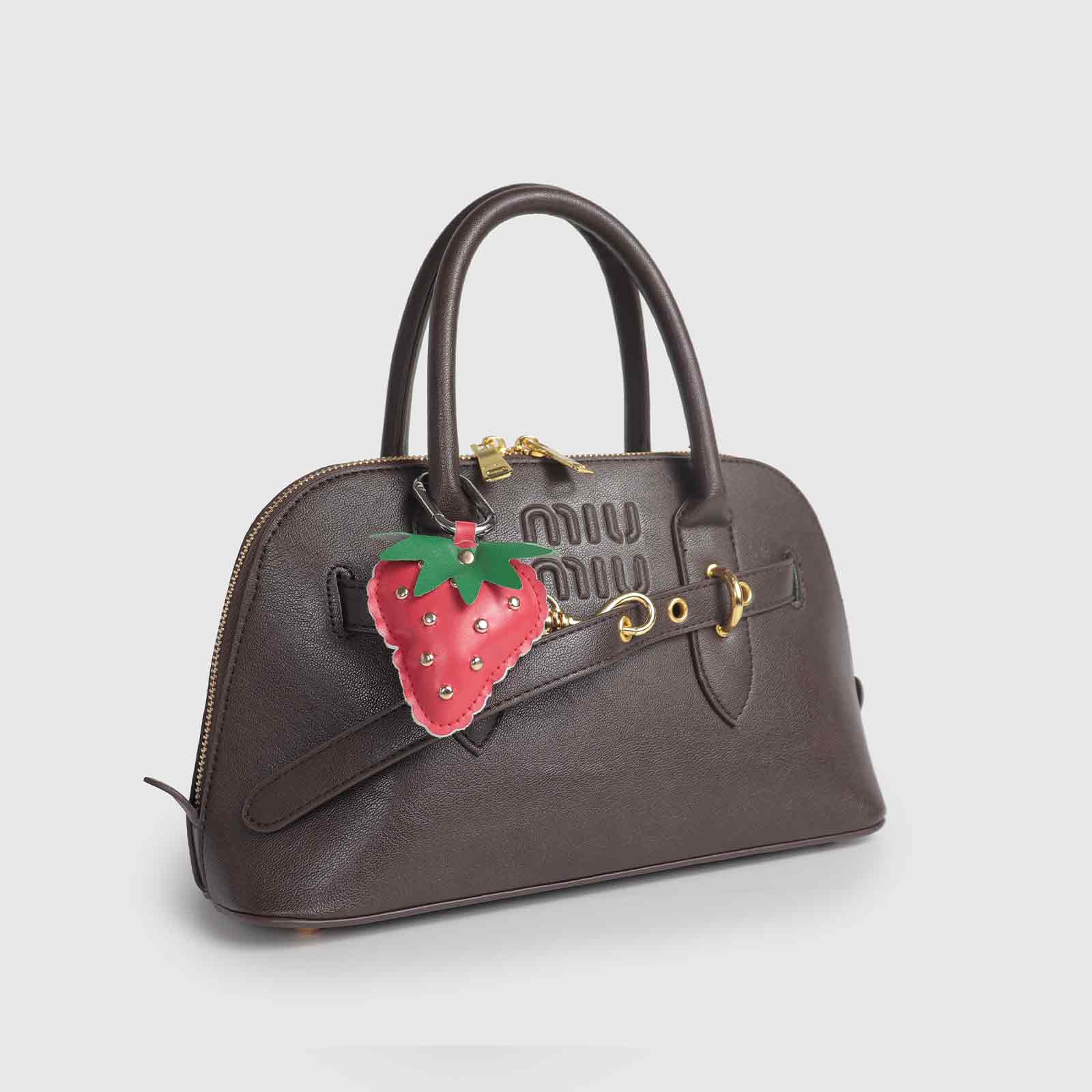 Rivets/Green Leaves Multi-Color Strawberry Leather Bag Charm