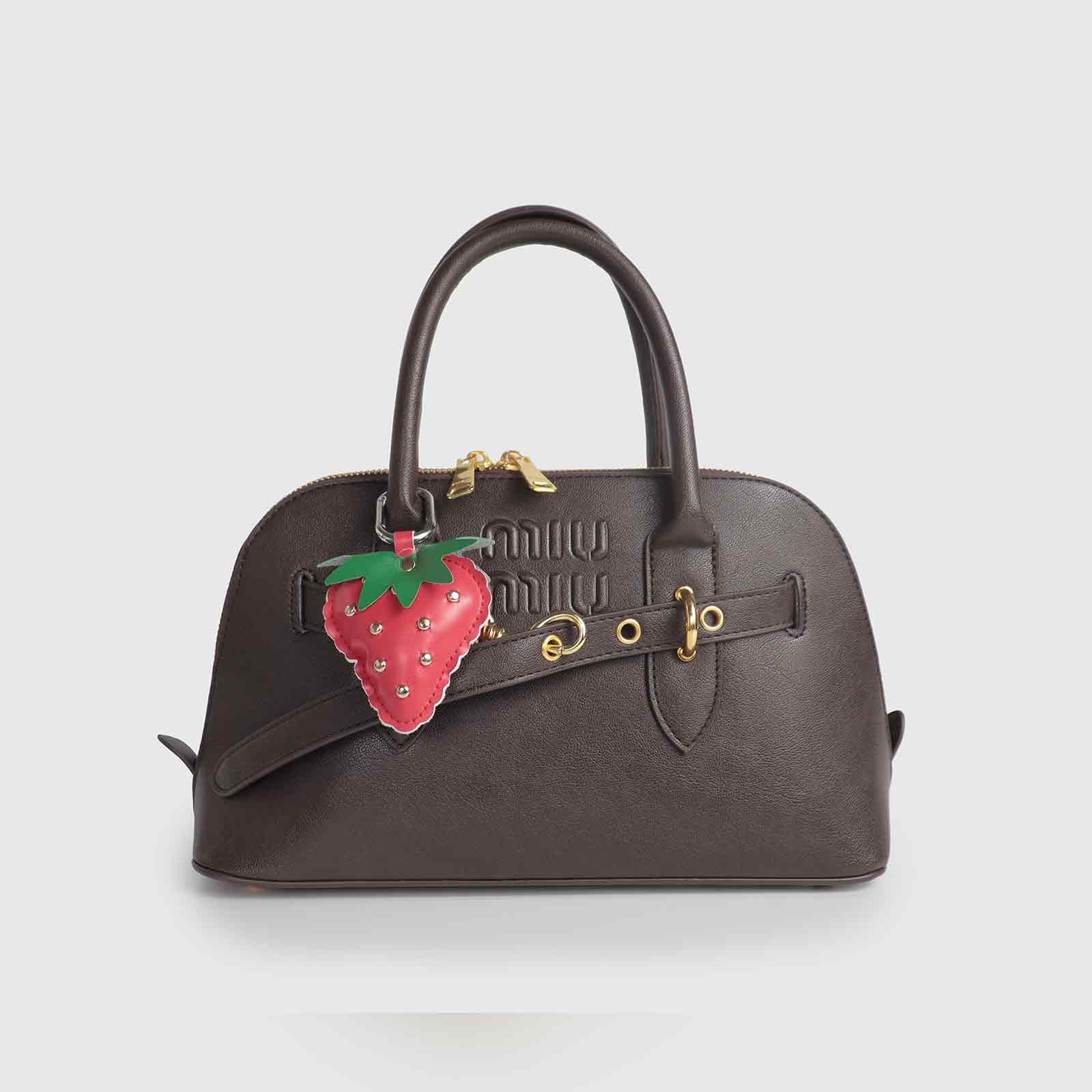 Rivets/Green Leaves Multi-Color Strawberry Leather Bag Charm