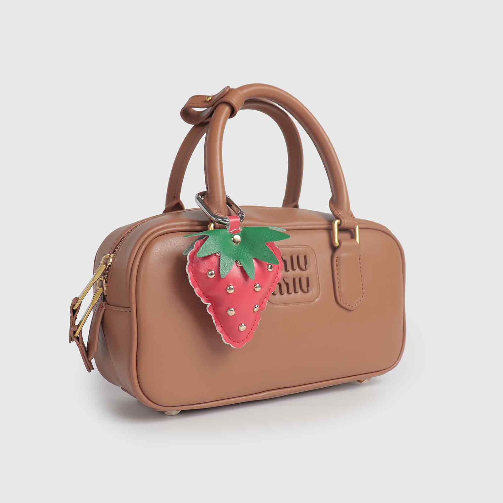 Rivets/Green Leaves Multi-Color Strawberry Leather Bag Charm
