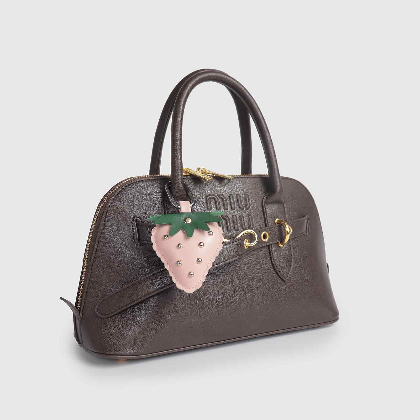 Rivets/Green Leaves Multi-Color Strawberry Leather Bag Charm