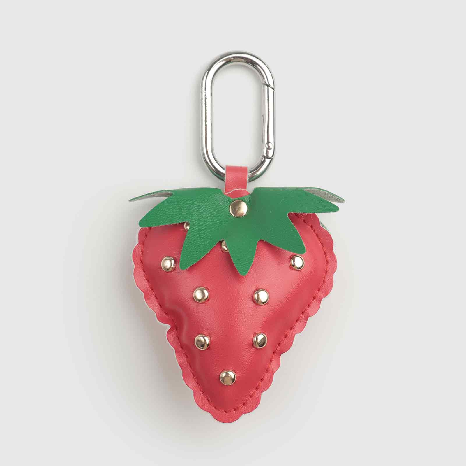 Rivets/Green Leaves Multi-Color Strawberry Leather Bag Charm