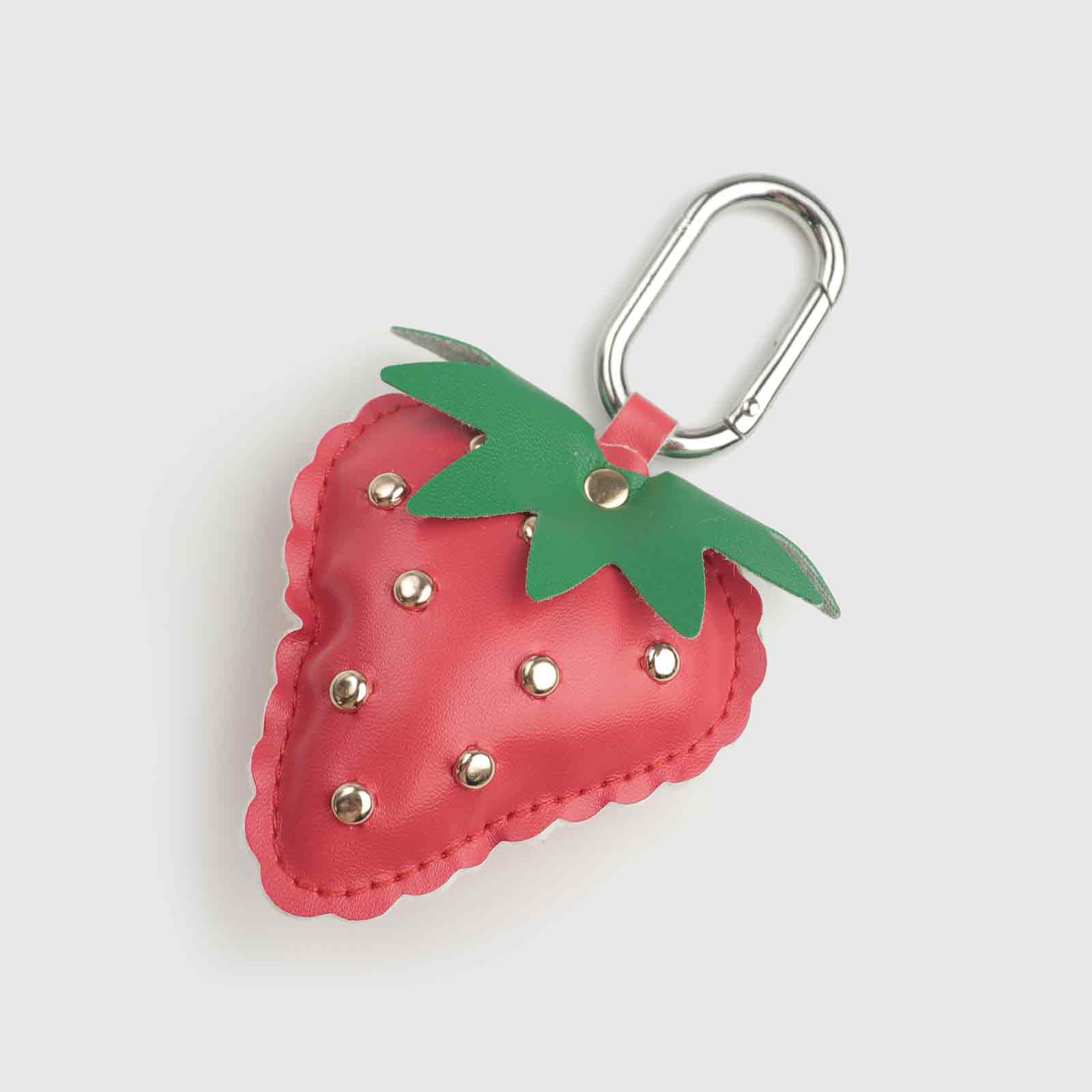 Rivets/Green Leaves Multi-Color Strawberry Leather Bag Charm