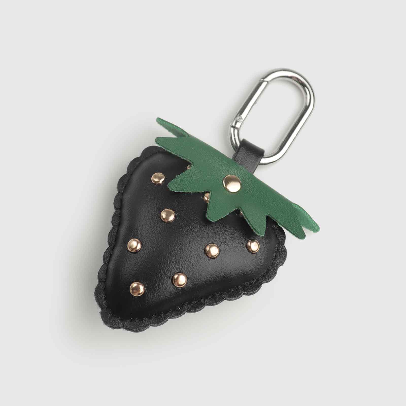 Rivets/Green Leaves Multi-Color Strawberry Leather Bag Charm