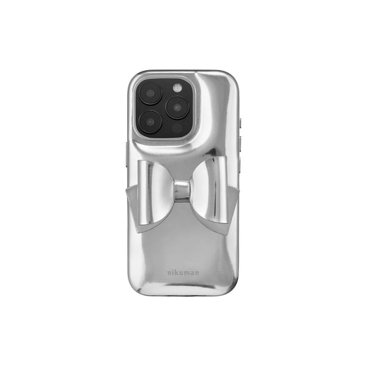 Silver phone case with camera protection on a white background