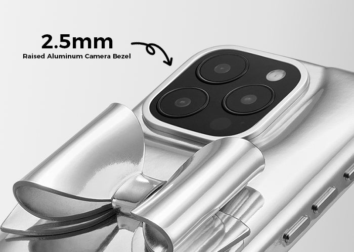 Close-up of a smartphone camera module with a raised aluminum camera bezel, labeled '2.5mm'-  iphone case protection